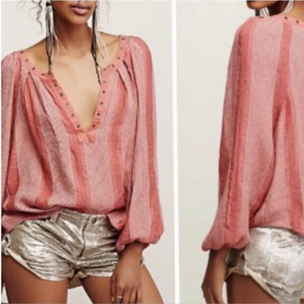 Free People Blouse Small S  Against All Odds Bohemian Coral Grommet Casual Chic